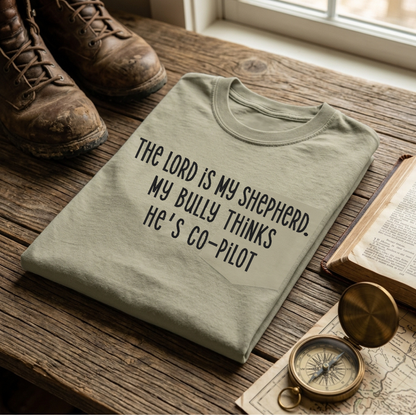 The Lord is My Shepherd. My Bully Thinks He's Co-Pilot folded embroidered tee in Sandstone – Abiding Paws