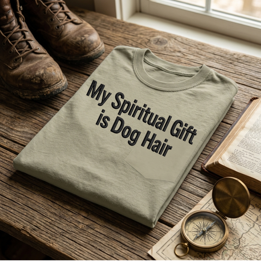 My Spiritual Gift is Dog Hair folded embroidered tee in Sandstone – Abiding Paws