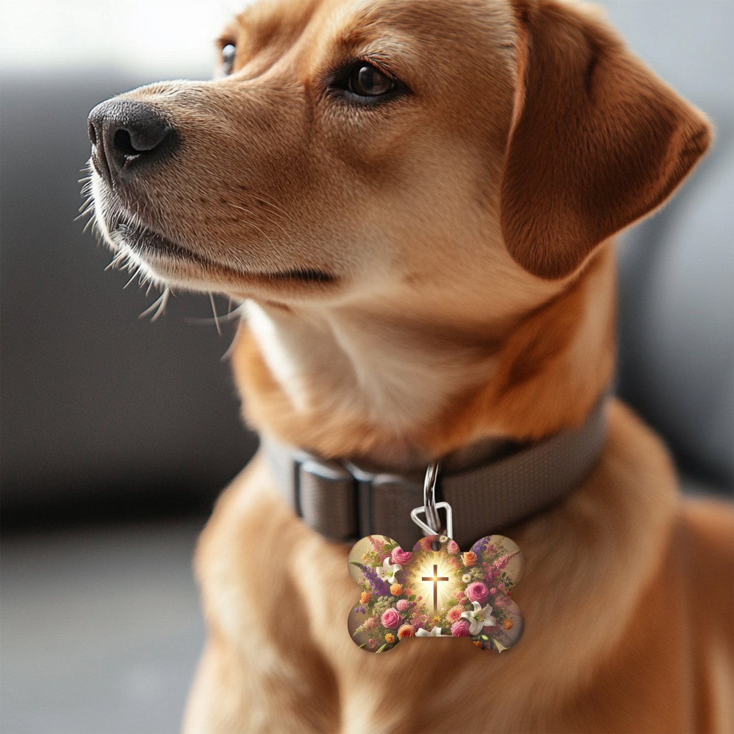 Resurrection Blooms Dog Tag – Christian Pet ID Tag | Faith-Inspired Floral Cross Sublimated Pet Tag