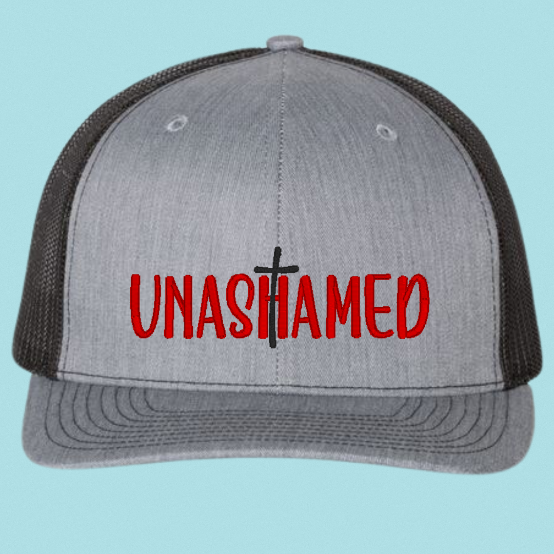 Unashamed Christian Trucker Hat – Embroidered Faith-Based Cap | Romans 1:16 Inspirational Mesh Hat (Black, Grey, or Pink)