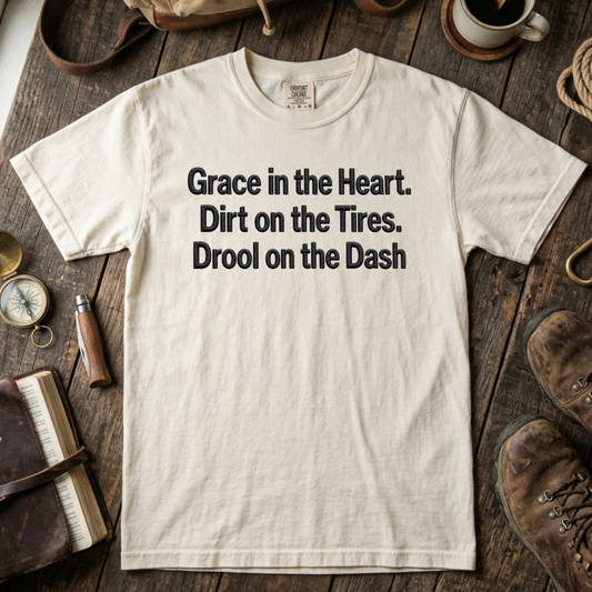Grace in the Heart. Dirt on the Tires. Drool on the Dash Embroidered Tee