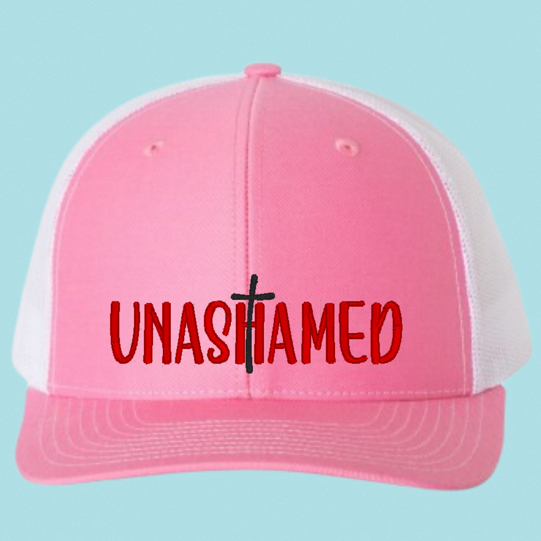 Unashamed Christian Trucker Hat – Embroidered Faith-Based Cap | Romans 1:16 Inspirational Mesh Hat (Black, Grey, or Pink)